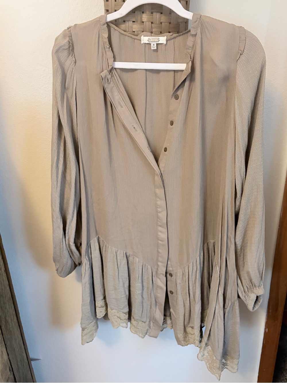 gimmicks by BKE Taupe Peplum Button-Front Tunic